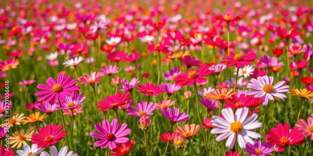 Vast field of vibrant cosmos flowers swaying gently in the breeze, purple, white Vast field of vibrant cosmos flowers swaying gently in the breeze, purple, white