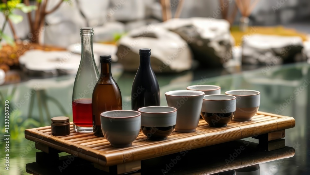 Japanese sake set outdoor. Elegant sake set with bottles and cups on a wooden tray in a Japanese garden.