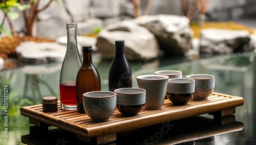 Obraz na płótnie Japanese sake set outdoor. Elegant sake set with bottles and cups on a wooden tray in a Japanese garden. w salonie