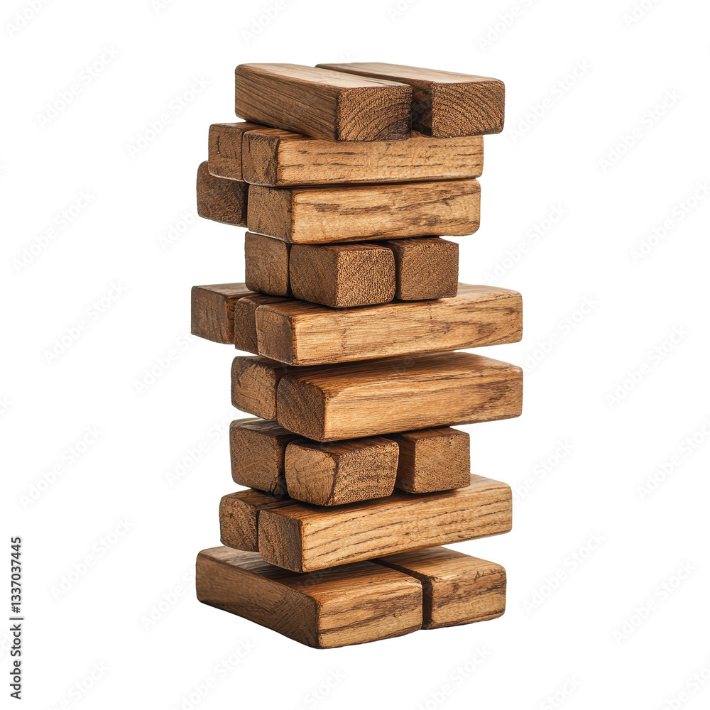 Fototapeta premium A tall stack of wooden blocks ready for a fun game. transparent background