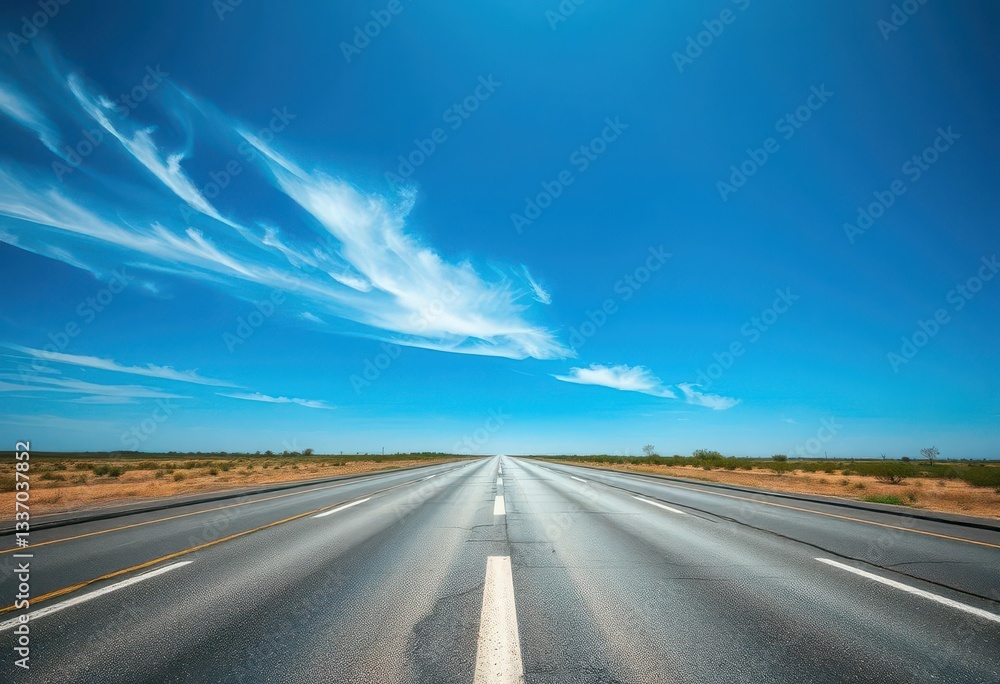 Naklejka premium Asphalt road vanishing point, bright blue sky, few wispy clouds, blue sky, calm