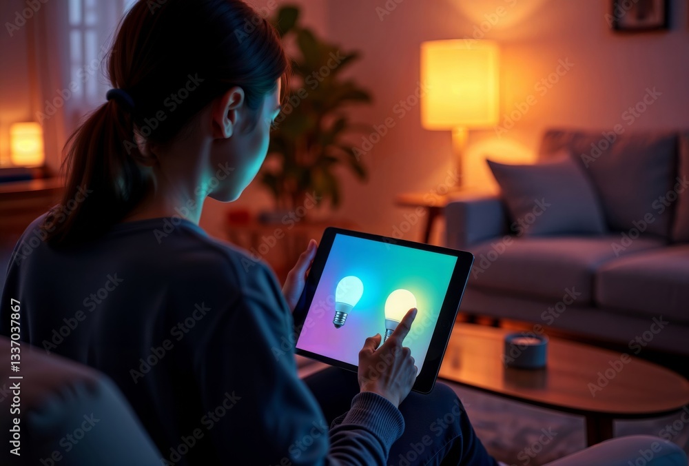 Interactive Light Management. Woman adjusting smart light settings on tablet device while relaxing in warmly lit living room.