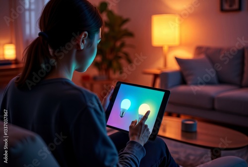 Obraz na płótnie Interactive Light Management. Woman adjusting smart light settings on tablet device while relaxing in warmly lit living room. w salonie