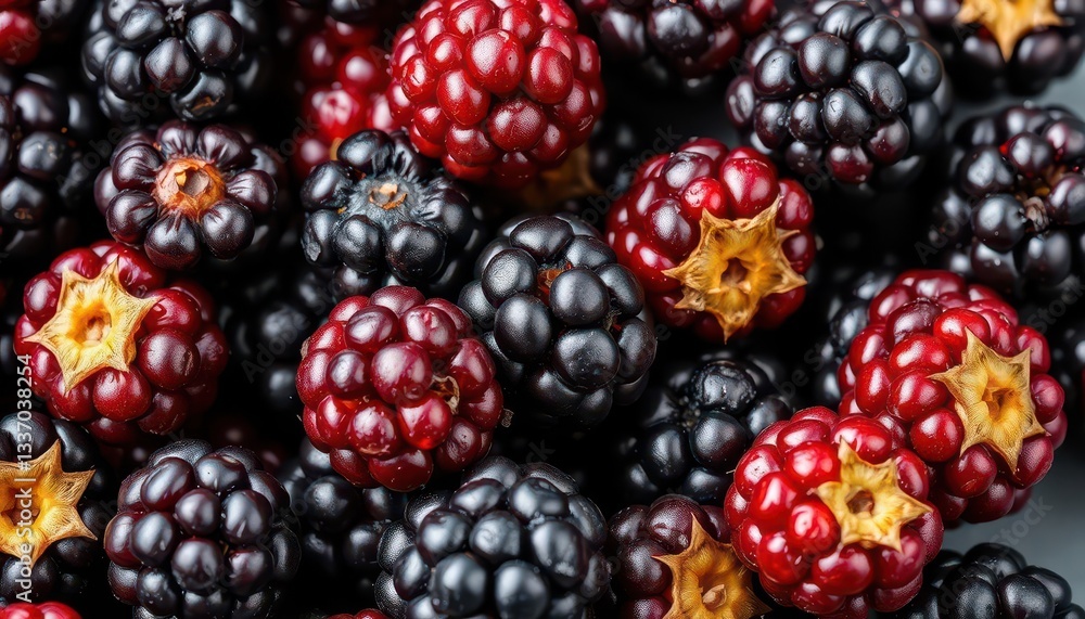 Close-up of fresh, plump, washed blackberries on a textured background, harvest, detail Close-up of fresh, plump, washed blackberries on a textured background, harvest, detail
