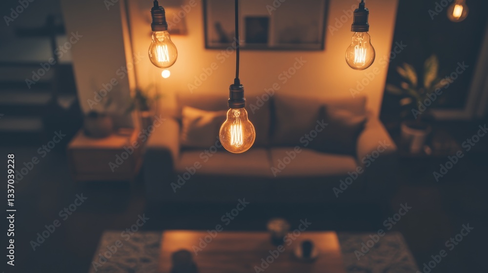 Vintage Edison Bulbs. Hanging vintage-style Edison bulbs create warm atmospheric lighting above wooden table in cozy living space.