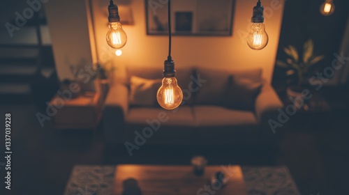 Obraz na płótnie Vintage Edison Bulbs. Hanging vintage-style Edison bulbs create warm atmospheric lighting above wooden table in cozy living space. w salonie