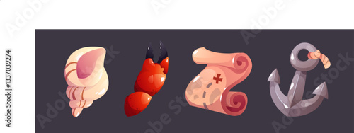Marine vector set of seashell, map, anchor and crab claw. Cartoon game asset