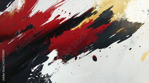 Dynamic abstract painting with bold red and black strokes against a white backdrop, accented with hints of gold, creating a visually striking and modern composition