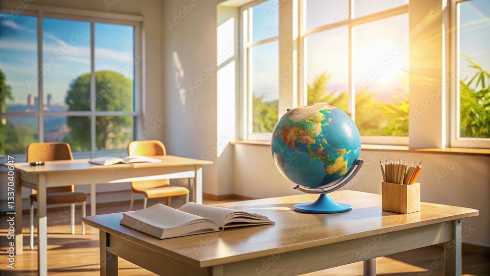 Empty Classroom Desk: Blank Notebook, Open Book, Global Learning Concept Empty Classroom Desk: Blank Notebook, Open Book, Global Learning Concept