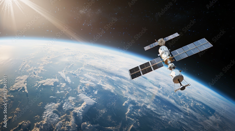 Satellite orbiting earth in space with solar panels under sunlight Satellite orbiting earth in space with solar panels under sunlight