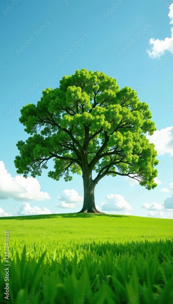 Solitary oak, vibrant green leaves, vast field , ecology, ancient, branch Solitary oak, vibrant green leaves, vast field , ecology, ancient, branch