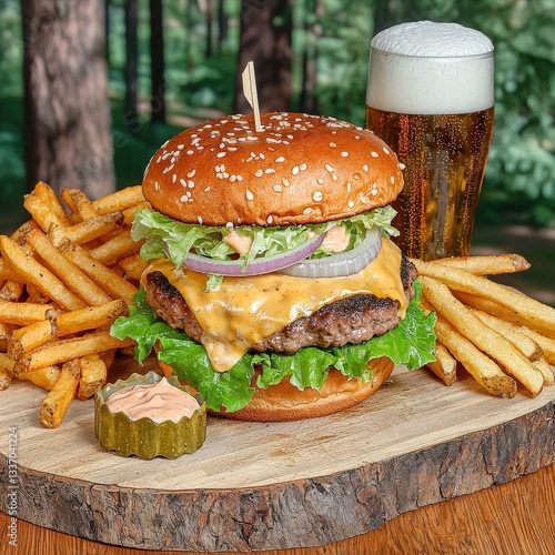 A juicy cheeseburger with crispy fries and a cold beer sits on a rustic wooden board outdoors in a forest setting.