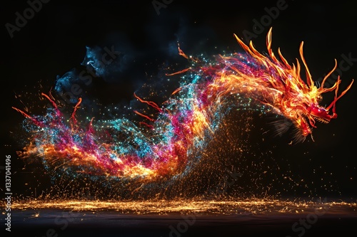 Fiery Dragon Soaring Through Night Sky Embracing Colorful Flames
