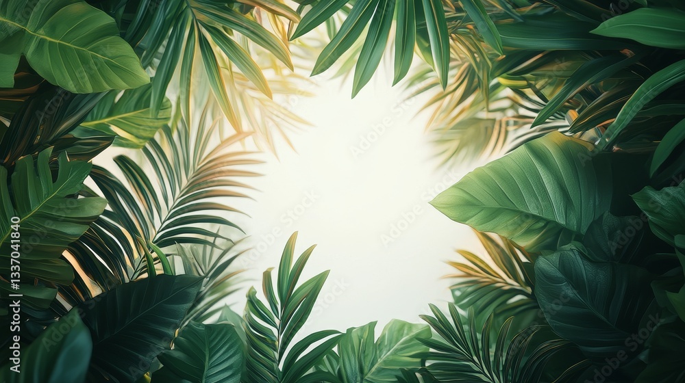 A vibrant canopy of green leaves framing a bright light, creating a serene, natural atmosphere. A vibrant canopy of green leaves framing a bright light, creating a serene, natural atmosphere.