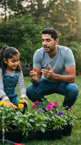 A Father and Daughter Planting Flowers in a Sunny Garden Area. Happy Family Time Outdoors. Learning