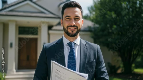 Smiling male realtor holding contract in front of modern residential house, real estate agent offering property for sale, professional business appearance, outdoor portrait