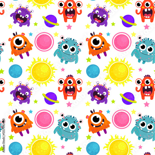 Seamless Pattern with Cute Monsters, Planets, and Stars – Vector Illustration