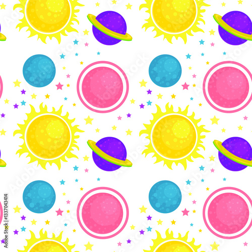 Seamless Pattern with Planets, and Stars – Vector Illustration