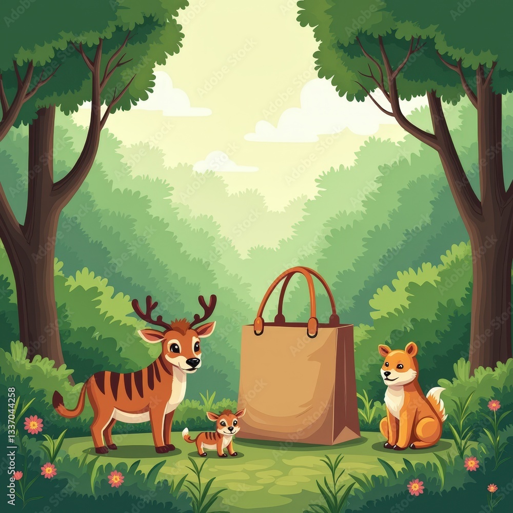 Naklejka premium Lush green forest with animals and a reusable bag, soft earthy tones, promoting eco-friendly and sustainable living in an illustration