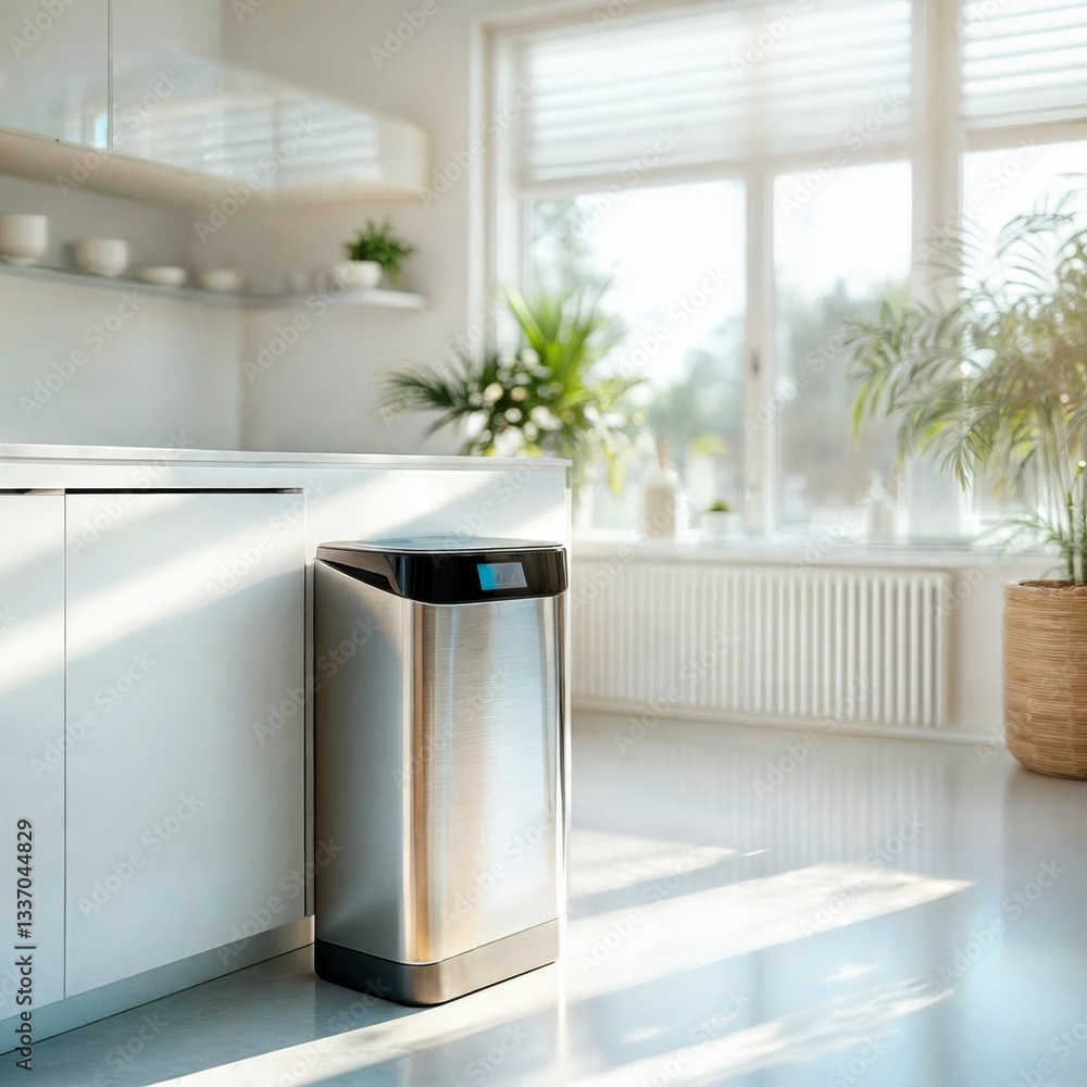 Modern kitchen smart bin. Sleek stainless steel touchscreen garbage bin in minimalist white kitchen interior with natural light and indoor plants.