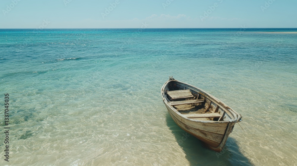 Fototapeta premium Old wooden fishing boat floating on calm turquoise sea, crystal-clear shallow water revealing sandy ocean floor beneath.