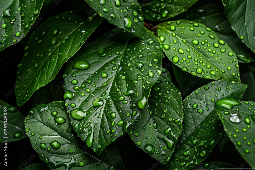 Fototapeta premium Vibrant green leaves with dew drops close-up