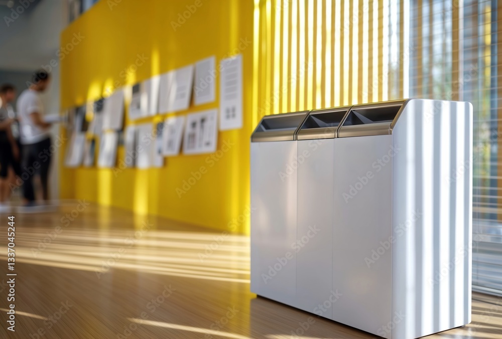 Office recycling station. Modern white triple compartment sorting bin with metallic tops against bright yellow wall in contemporary workspace.