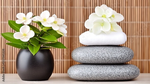 Flower pot and stones arranged on a bamboo mat, promoting relaxation and spa services