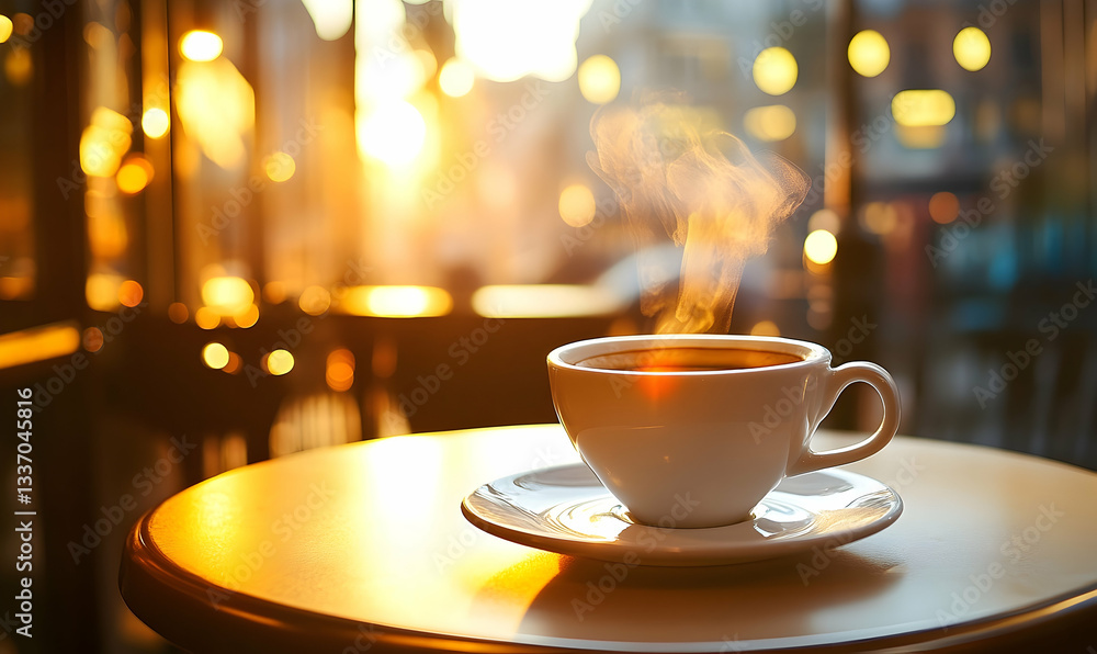Obraz premium A steaming cup of coffee on a table in a cozy caf? during sunset with warm lighting and blurred background