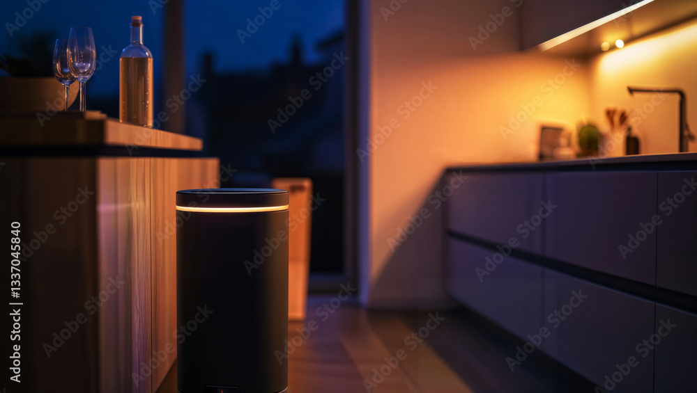 Smart kitchen bin at night. Cylindrical black smart trash can with illuminated rim in modern kitchen with ambient evening lighting and wine glasses.