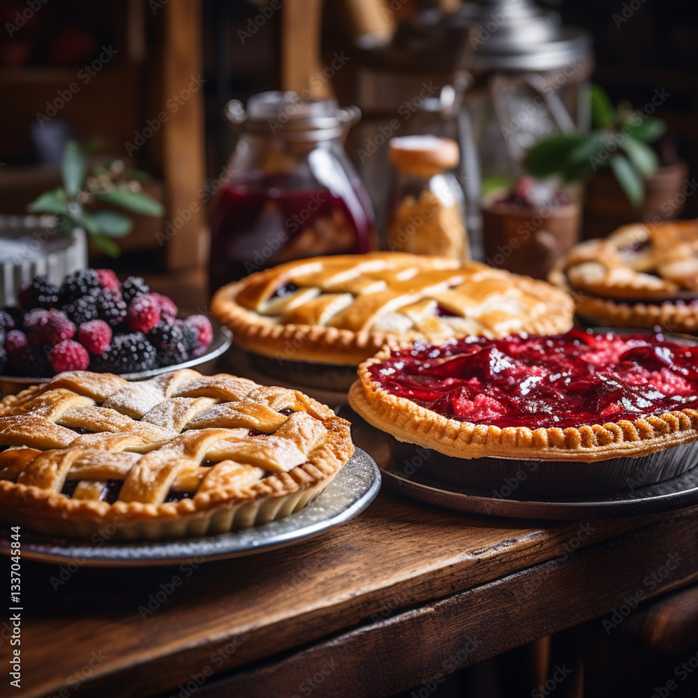 Rustic Berry Pies on Wooden Table with Fresh Blackberries and Raspberries Rustic Berry Pies on Wooden Table with Fresh Blackberries and Raspberries