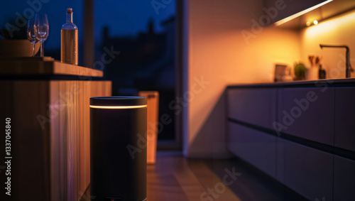 Obraz na płótnie Smart kitchen bin at night. Cylindrical black smart trash can with illuminated rim in modern kitchen with ambient evening lighting and wine glasses. w salonie