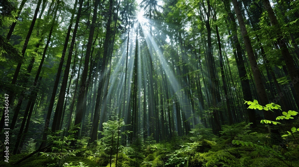 Obraz premium Sunlight streaming through lush green forest canopy