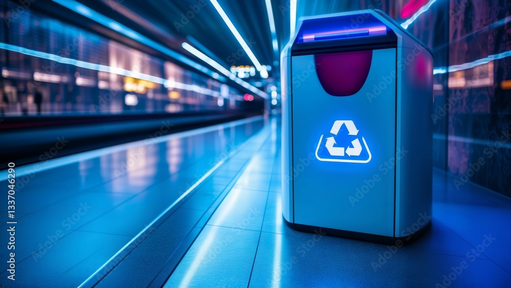Smart bin in futuristic metro. Illuminated smart trash bin with recycle symbol in a modern metro station with neon lights.