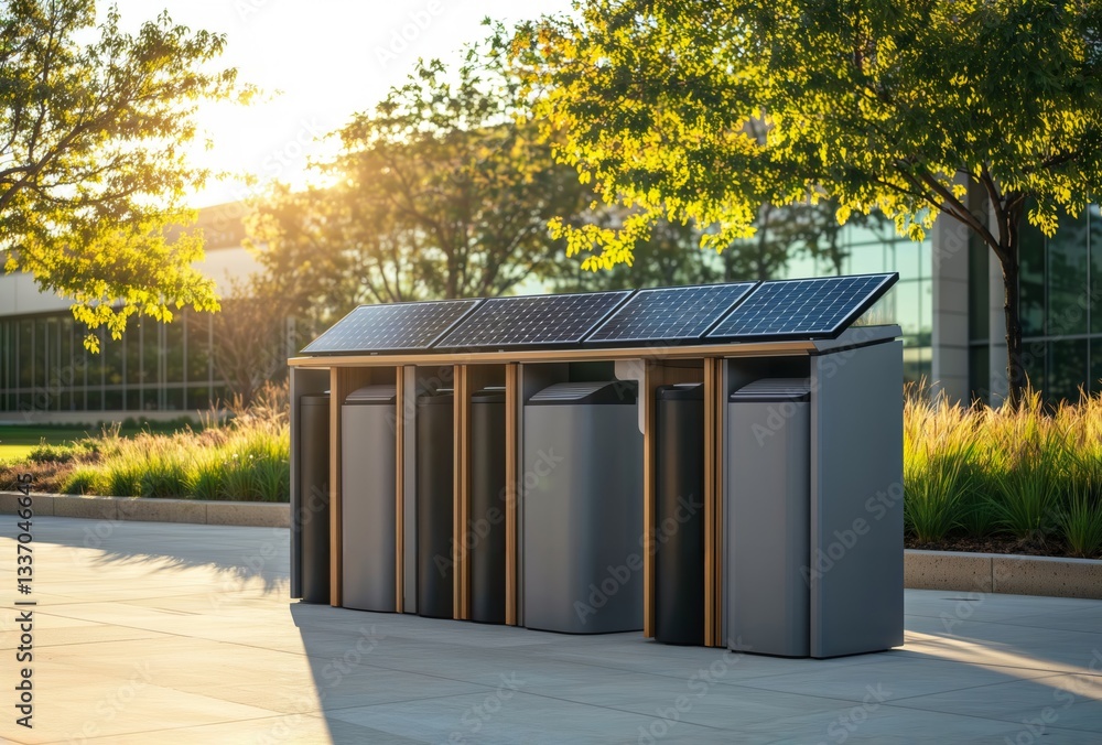 Solar powered smart bins outdoors. Row of smart trash bins with solar panels in a park on a sunny day, eco-friendly solution.