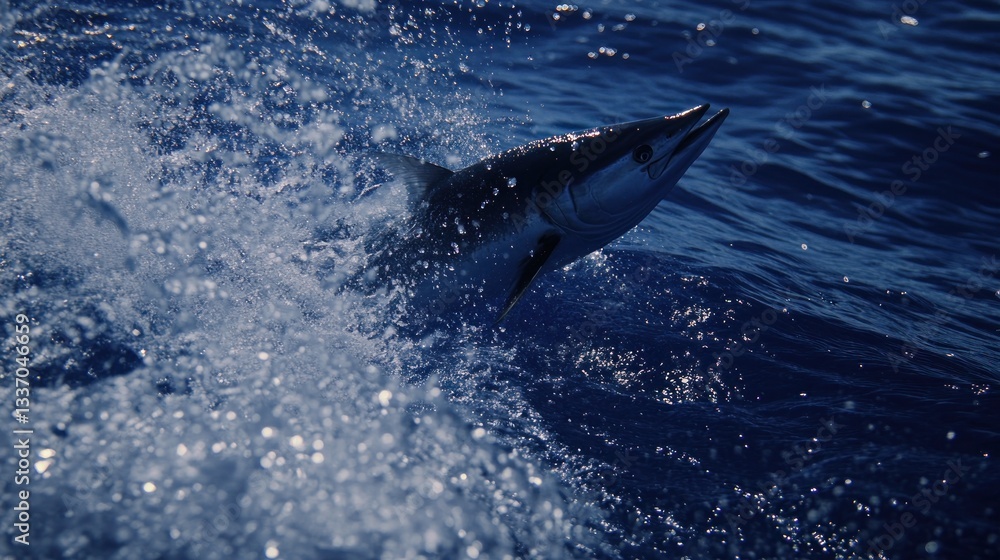 Obraz premium Marlin Unleashed: A Dynamic Leap from the Depths of the Ocean's Heart