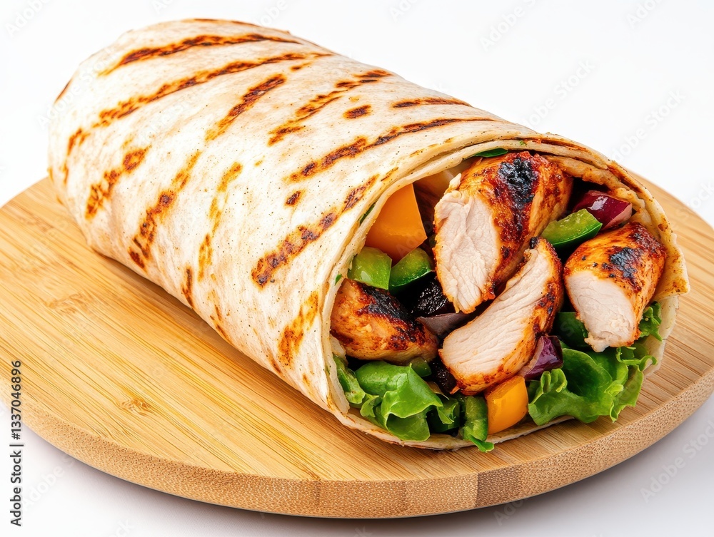 Grilled Chicken Wrap with Fresh Vegetables on a Wooden Cutting Board Grilled Chicken Wrap with Fresh Vegetables on a Wooden Cutting Board