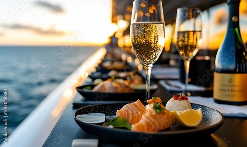 Sunset luxury yacht dinner salmon, champagne, ocean view