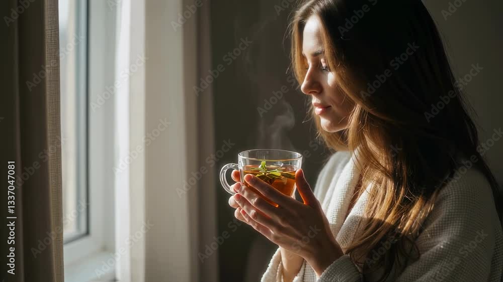 Drinking tea and morning relaxation with woman in bathrobe near window for calm, wellness and mindfulness with steam, warm drink and cozy atmosphere Drinking tea and morning relaxation with woman in bathrobe near window for calm, wellness and mindfulness with steam, warm drink and cozy atmosphere