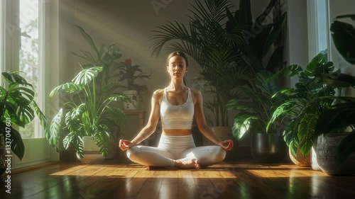 Wallpaper Mural Meditation, yoga and fitness with young woman in lotus pose at home surrounded by green plants and sunlight for wellness, mindfulness and calm in peaceful atmosphere Torontodigital.ca