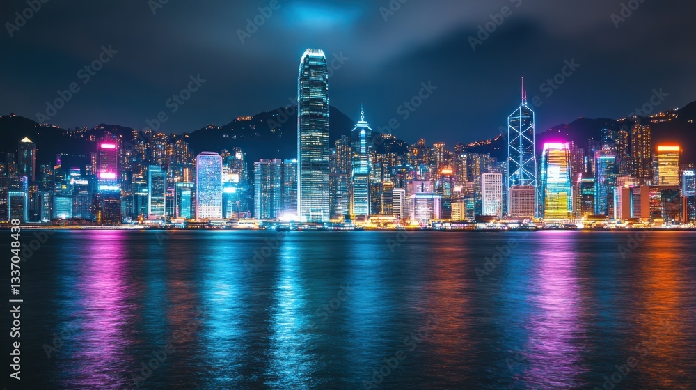 Fototapeta premium Captivating Hong Kong Skyline Reflecting on the Waters at Night, Cityscape View