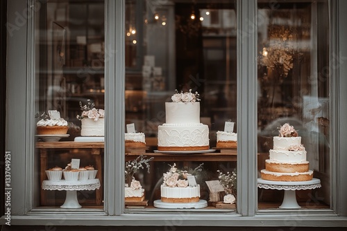 Wallpaper Mural A bakery display window filled with different types of beautifully crafted sweet cakes, inviting customers inside, professional patisserie presentation Torontodigital.ca