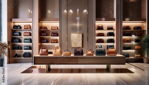 명품 가방 매장 내부, 고급스러운 가죽 가방