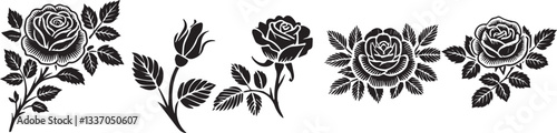 Set of decorative rose with leaves. Flower silhouette Vector illustration