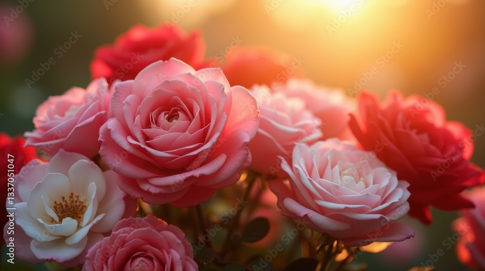 Fototapeta premium A vibrant cluster of blooming roses in full bloom, with delicate petals in shades of pink, red, and white