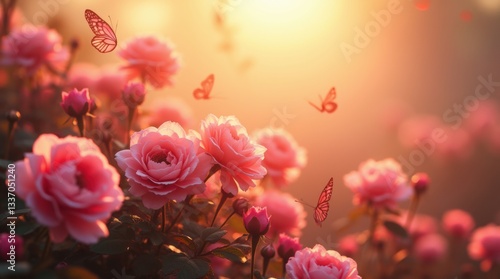 Wallpaper Mural A vibrant scene of blooming pink and red roses with delicate butterflies fluttering around, bathed in soft golden sunlight Torontodigital.ca