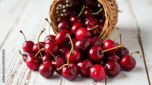 Close-up of a pile of glossy red cherries spilling from a small wicker basket, white textured background