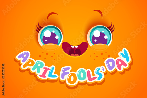 Vector illustration of cute face for april fools day. Kawaii face with eyes and freckles. April fools' day