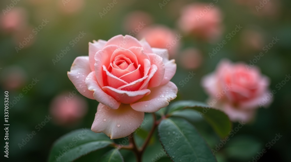 Close-up of a single pink rose blooming in a garden, surrounded by soft-focus green leaves and other roses in the background Close-up of a single pink rose blooming in a garden, surrounded by soft-focus green leaves and other roses in the background