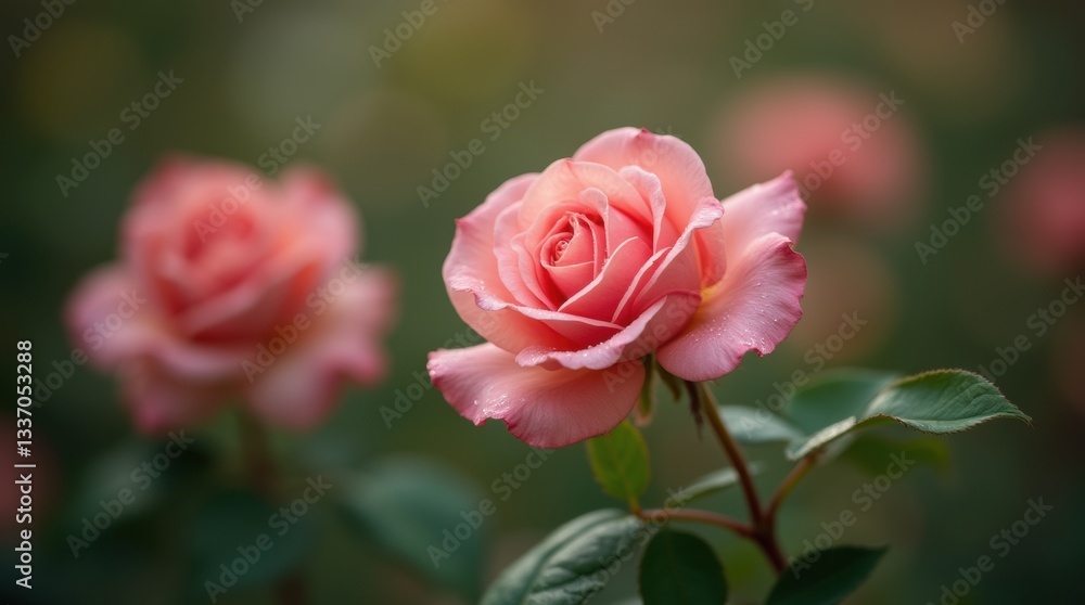 Close-up of a single pink rose blooming in a garden, surrounded by soft-focus green leaves and other roses in the background Close-up of a single pink rose blooming in a garden, surrounded by soft-focus green leaves and other roses in the background